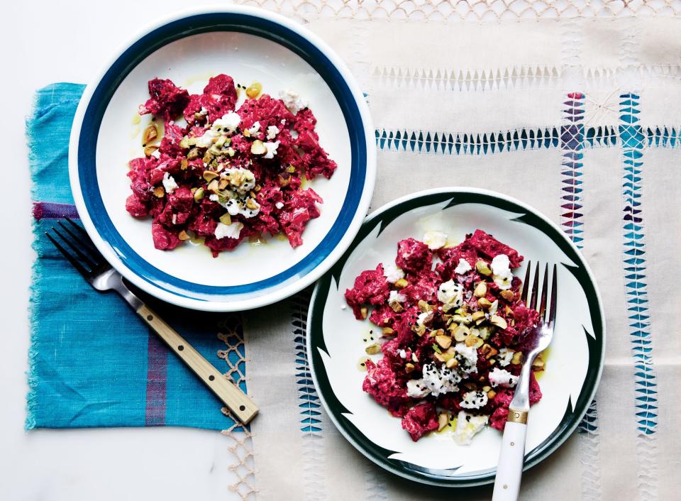 Beets with Goat Cheese, Nigella Seeds, and Pistachios