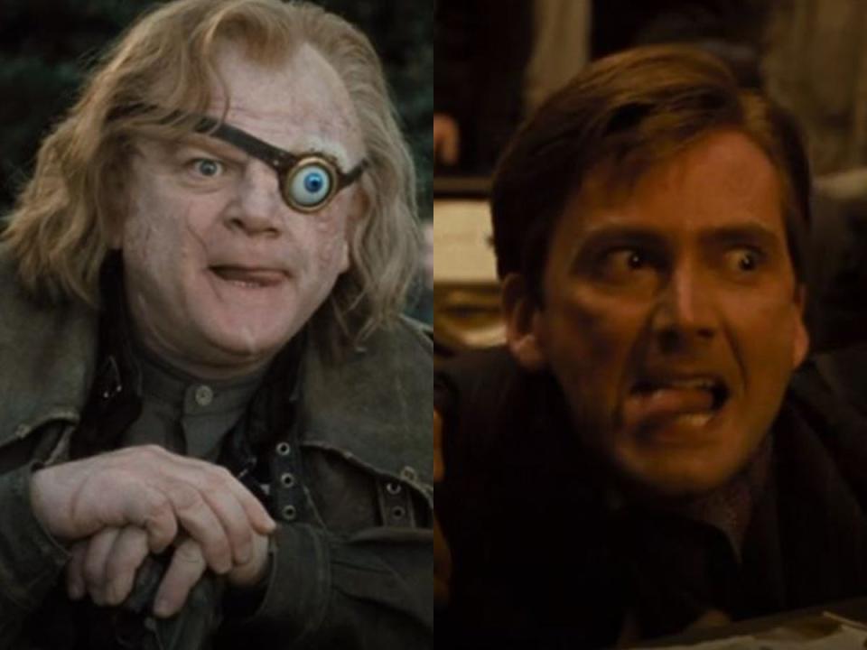 side by side photos of moddy and barty crouch jr sticking out their tongues in harry potter and the goblet of fire