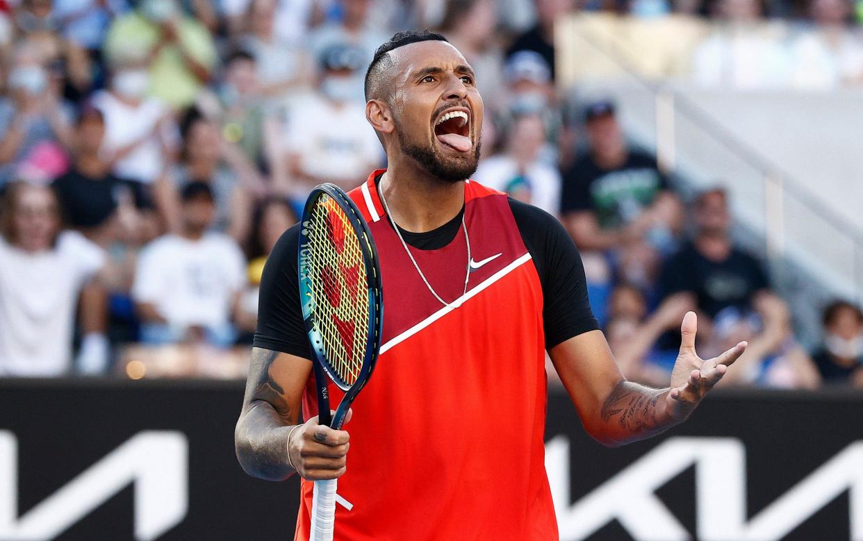 Nick Kyrgios of Australia reacts in his second round doubles match against Nikola Mektic of Croatia and Mate Pavic of Croatia during day five of the 2022 Australian Open at Melbour - Getty Images