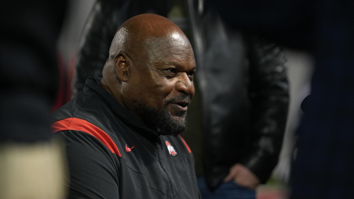 Mar 26, 2024; Columbus, OH, USA; Ohio State Associate Head Coach/Defensive Line coach Larry Johnson speaks at Woody Hayes Athletic Center.