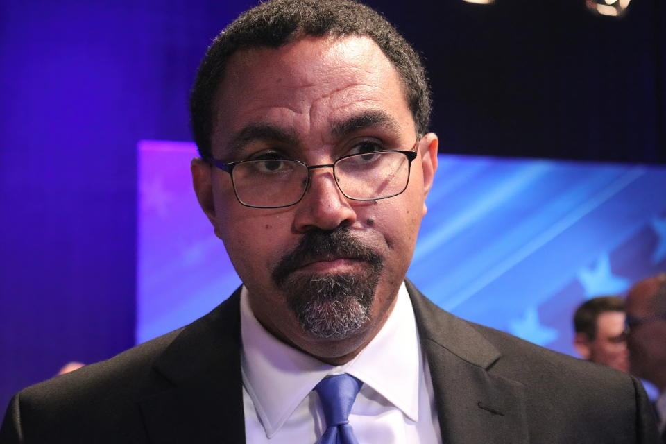 Former Education Secretary John King, who is running for the Democratic nomination for governor of Maryland, talks to reporters after a debate in Owings Mills, Md., June 6, 2022. One of the best opportunities for Democrats to regain a governor’s office this year is in Maryland, and the race to succeed term-limited Republican Larry Hogan has drawn a crowd of candidates. (AP Photo/Brian Witte)