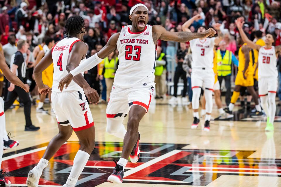 LUBBOCK, TEXAS - JANUARY 30: Guard De'Vion Harmon #23 of the Texas Tech Red Raiders celebates after the college basketball game against the Iowa State Cyclones at United Supermarkets Arena on January 30, 2023 in Lubbock, Texas. (Photo by John E. Moore III/Getty Images) ORG XMIT: 775898457 ORIG FILE ID: 1460956039