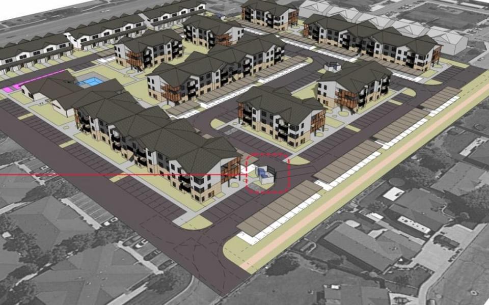 A rendering of an apartment complex proposed at 1005 E. Fairview Avenue. It would include two and three story apartment buildings for 150 apartments.