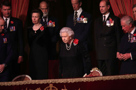 Britain's Queen Elizabeth II with Princess Anne, Princess Royal, Prince Michael of Kent, Prince Edward, Earl of Wessex and Prince Charles, Prince of Wales attend the Royal British Legion Festival of Remembrance to commemorate all those who have lost their lives in conflicts and mark 100 years since the end of the First World War, at the Royal Albert Hall, London, Britain November 10, 2018. Chris Jackson/Pool via REUTERS