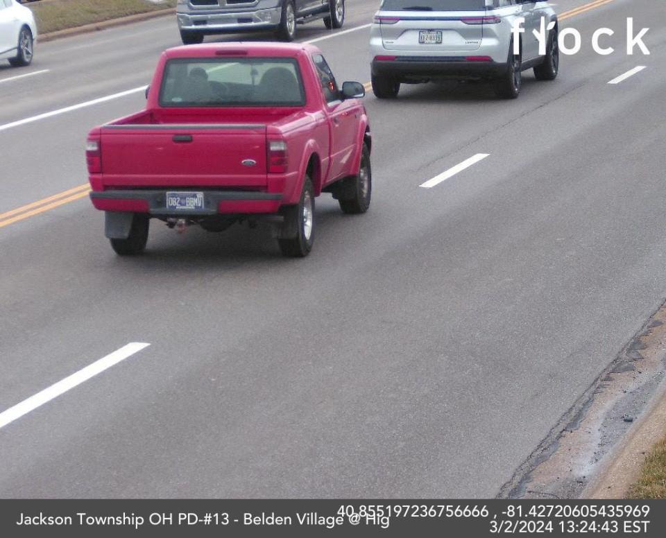 Canton police say the suspect in Sunday's shooting at the Hall of Fame Village fled the scene in this red Ford Ranger truck bearing Tennessee license plate 082BBMV.