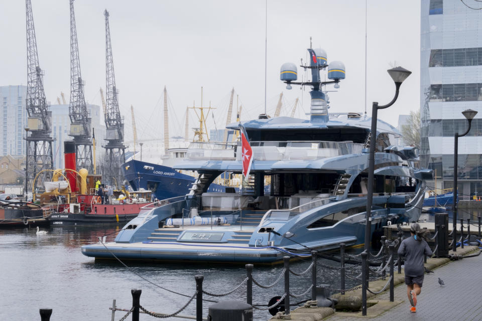 The superyacht 'Phi' remains seized at 'Dollar Bay' because of sanctions against Putin associates on March 30, 2022, in London. (Photo by Richard Baker/In Pictures via Getty)