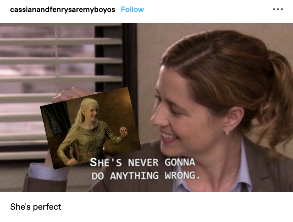Pam Beesley from The Office smiling at a picture of Helaena Targaryen and saying "She's never gonna do anything wrong"