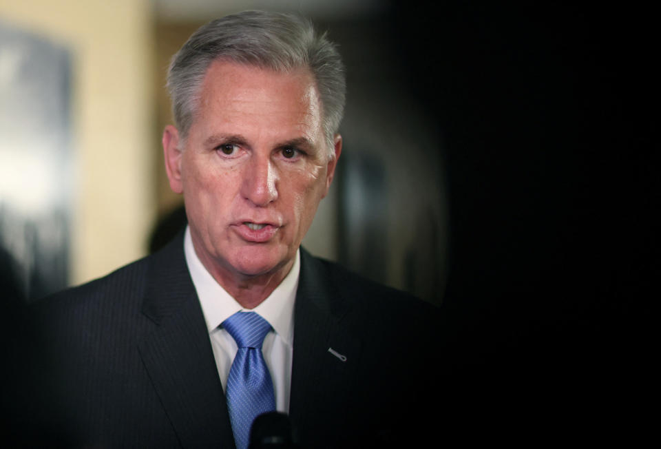 U.S. House Speaker Kevin McCarthy speaks to members of the news media outside of a Steering Committee meeting at the U.S. Capitol building in Washington, U.S., January 11, 2023. REUTERS/Leah Millis