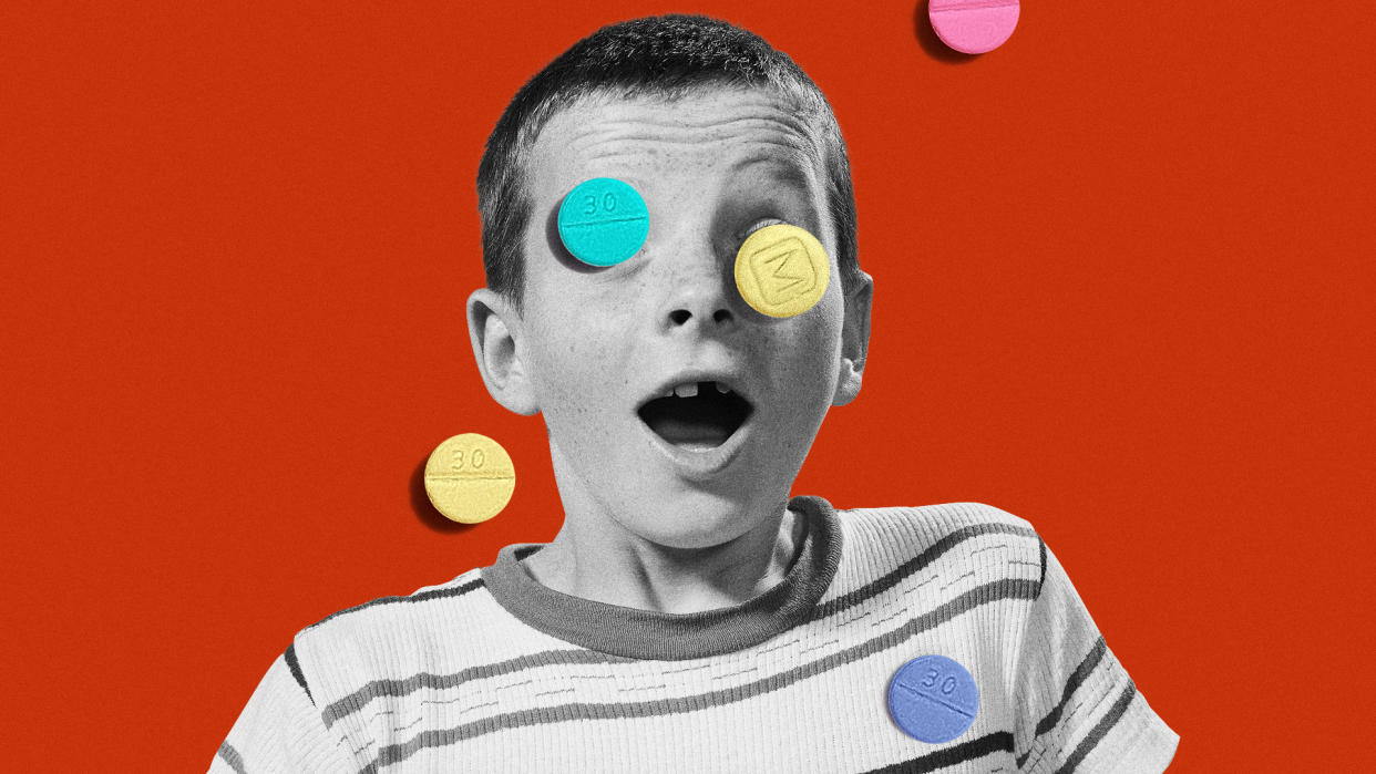 Fentanyl exposure and kids represented by a photo of a child and colorful pills on a red background.