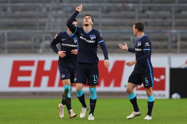 Stevan Jovetic celebrates scoring for Hertha Berlin