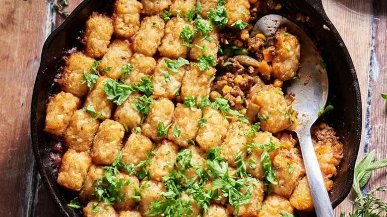 Top-down view of tater tot hotdish