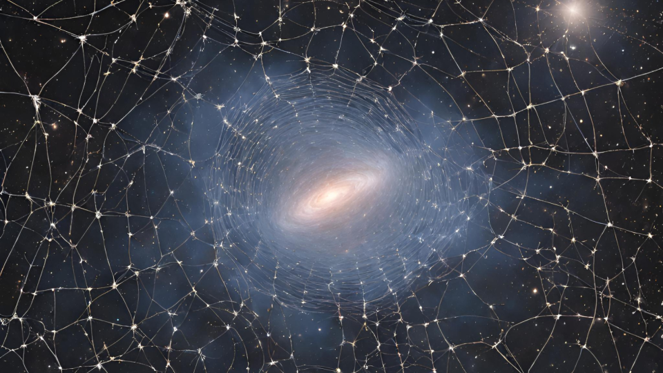 An illustration shows a galaxy entangled in a cosmic web