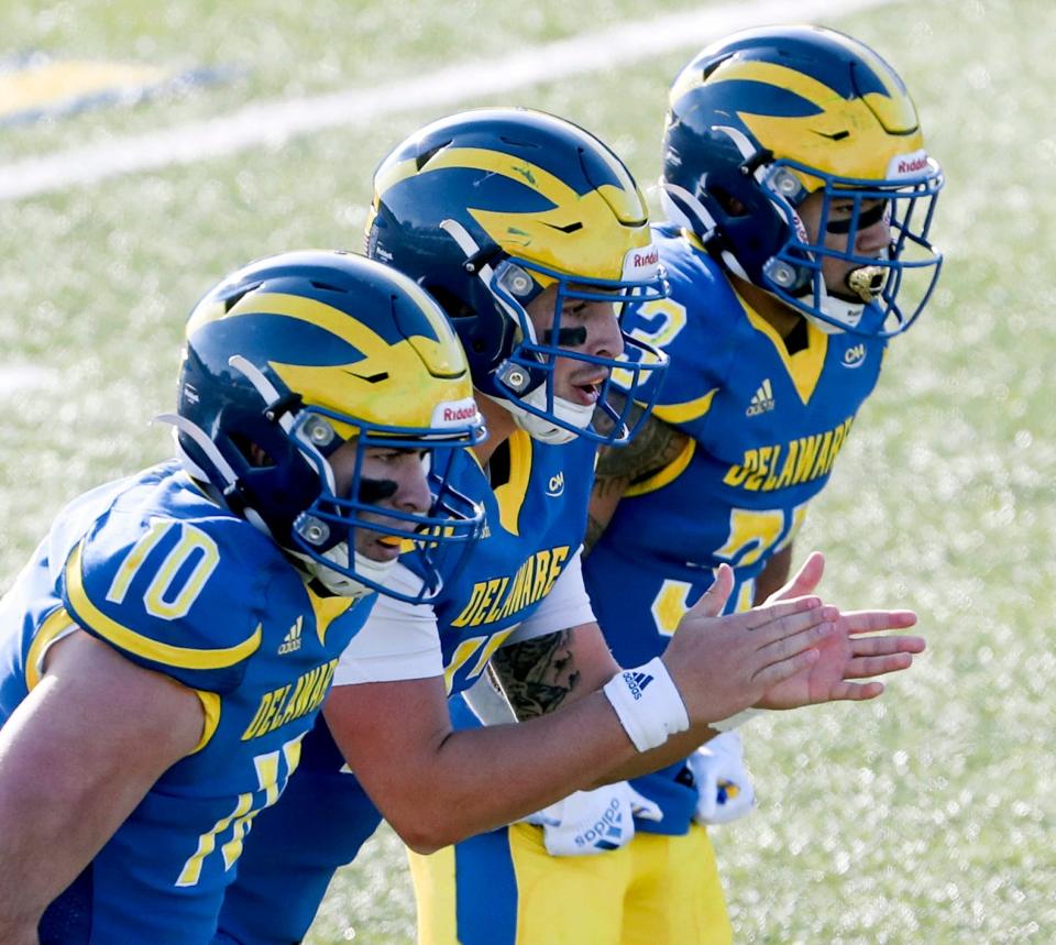 Delaware quarterback Anthony Paoletti (left) lines up next to starter Zach Gwynn (center) and running back Dajoun Lee in the fourth quarter of Delaware's 24-3 win at Delaware Stadium, Saturday, Nov. 6, 2021.