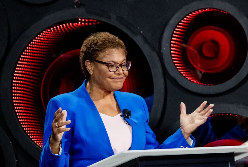 Los Angeles, CA - October 06: Los Angeles Mayoral candidates Congresswoman Karen Bass speaks as developer Rick Caruso, not pictured, listens, as they participate in the second one-on-one mayoral debate at the KNX Newsradio SoundSpace Stage in Los Angeles, Thursday, Oct. 6, 2022. (Allen J. Schaben / Los Angeles Times)