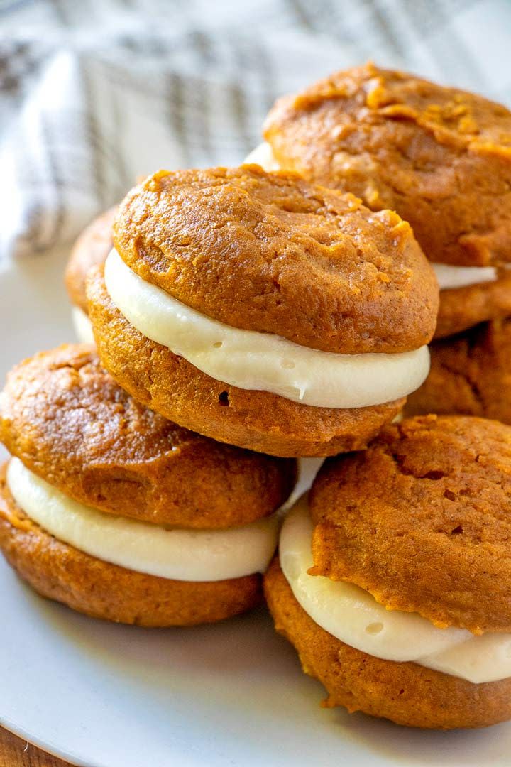 <p>Here, there's a thick layer of maple cream cheese frosting in the middle of each pumpkin cake. Talk about indulgent! </p><p><strong>Get the recipe at <a href="https://foodfolksandfun.net/pumpkin-whoopie-pies/" rel="nofollow noopener" target="_blank" data-ylk="slk:Food Folks and Fun;elm:context_link;itc:0;sec:content-canvas" class="link ">Food Folks and Fun</a>.</strong> </p>