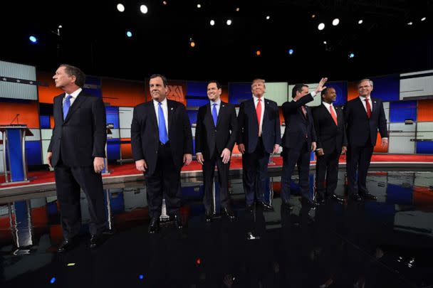 PHOTO: Republican Presidential candidates John Kasich, New Jersey Gov. Chris Christie, Senator Marco Rubio, Donald Trump, Senator Ted Cruz, Ben Carson, and Jeb Bush participate in a debate in Charleston, South Carolina, Jan. 14, 2016. (Timothy A. Clary/AFP via Getty Images)