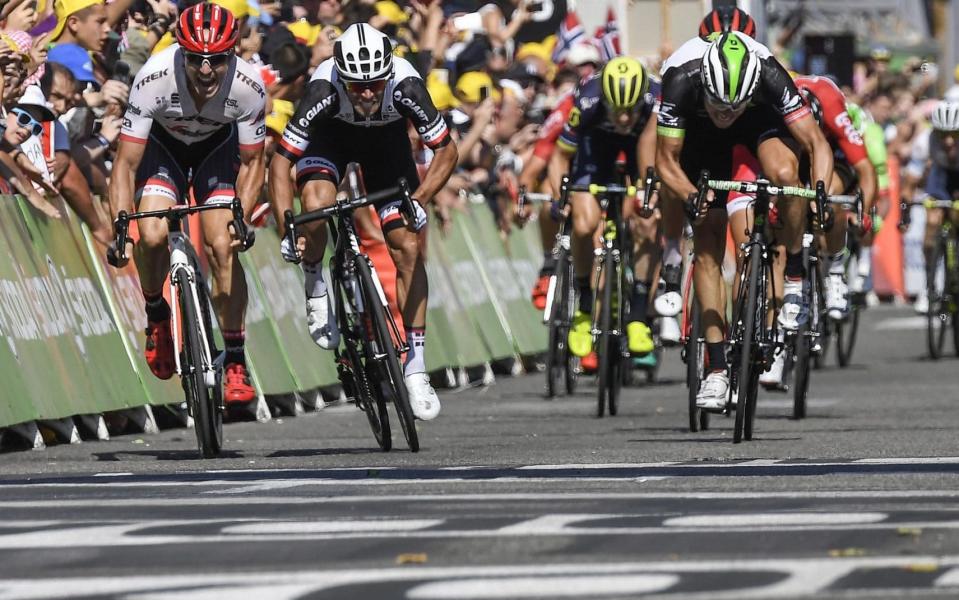 Michael Matthews (second left) won his second stage at this year's Tour de France to close the gap on Marcel Kittel in the race for the green jersey - AFP