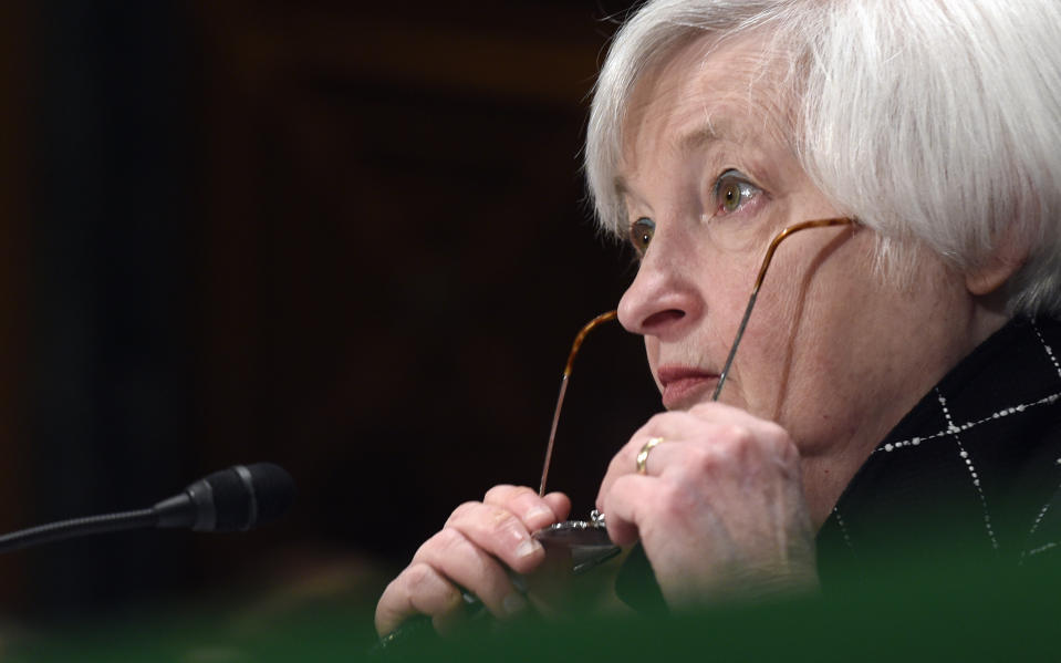 FILE - Federal Reserve Board Chair Janet Yellen testifies on Capitol Hill in Washington, Feb. 11, 2016, before the Senate Banking Committee hearing on: 'The Semiannual Monetary Policy Report to the Congress.' (AP Photo/Susan Walsh, File)