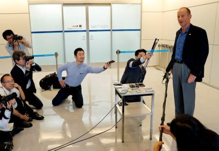 U.S. Assistant Secretary of State for East Asian and Pacific Affairs David Stilwell speaks to reporters as he arrives at Narita international airport in Narita