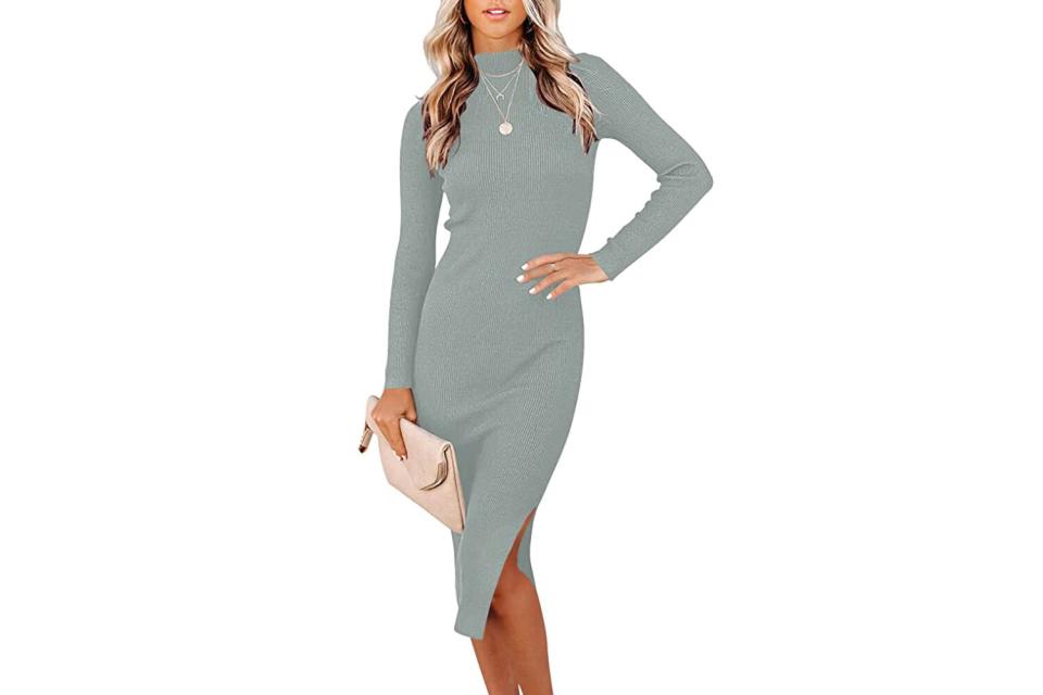 ANRABESS Women's Long Sleeve Ribbed Sweater Dress Turtleneck Slim Fit Slit Midi Dress