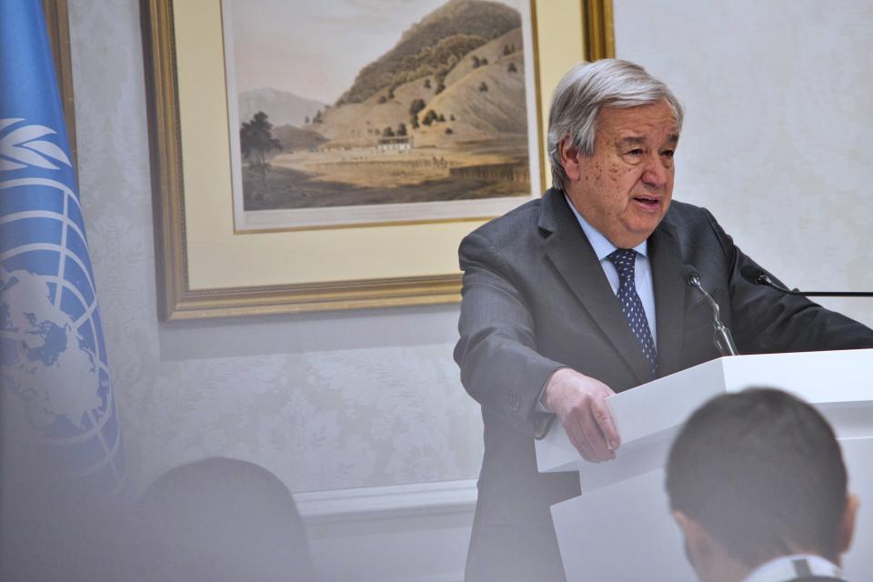 United Nations Secretary-General Antonio Guterres speaks to journalists at a summit on Afghanistan in Doha, Qatar, Monday, Feb. 19, 2024. (AP Photo/Lujain Jo)