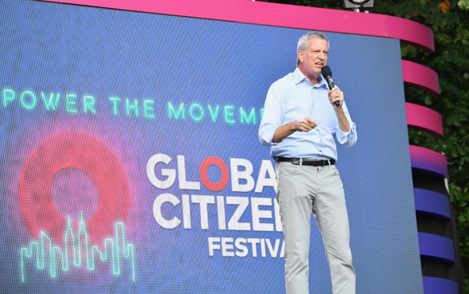 Mayor of New York City Bill de Blasio speaks onstage at the 2019 Global Citizen Festival: Power The Movement in Central Park in New York on September 28, 2019. (Photo by Angela Weiss / AFP)        (Photo credit should read ANGELA WEISS/AFP/Getty Images)