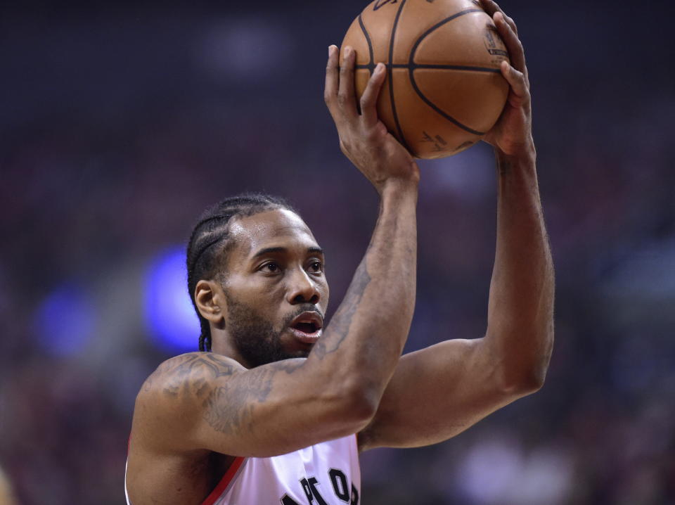 Toronto Raptors forward Kawhi Leonard shoots a free throw against the Orlando Magic during the first half in Game 5 of a first-round NBA basketball playoff series, Tuesday, April 23, 2019 in Toronto. (Frank Gunn/Canadian Press via AP)