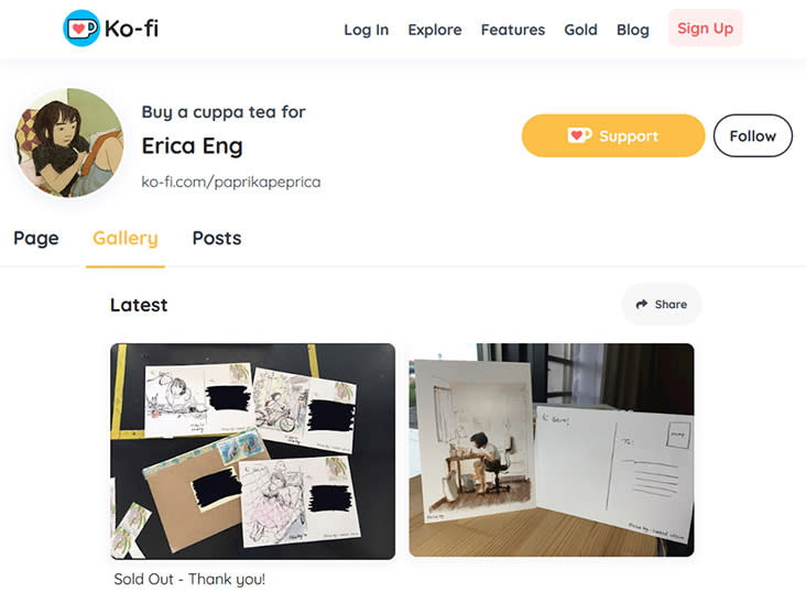 A screencap of Eng’s Ko-Fi page for supporters of her work.