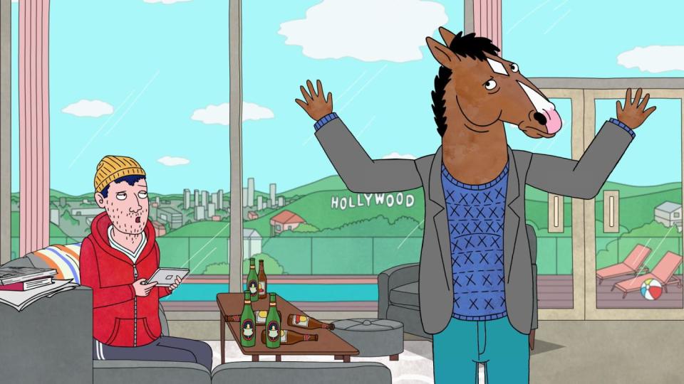 A scene from "BoJack Horseman" of two characters talking in a living room with a window overlooking a pool and L.A.