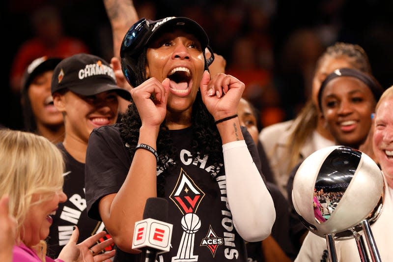 A’ja Wilson #22 of the Las Vegas Aces celebrates after defeating the New York Liberty during Game Four of the 2023 WNBA Finals.