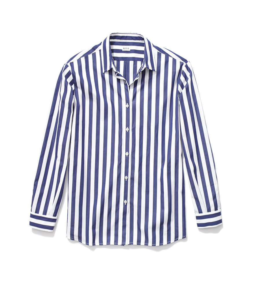 <p>The Hutton Oversize Shirt in White/Navy, $238, <a rel="nofollow noopener" href="https://www.kule.com/collections/shirts/products/the-hutton" target="_blank" data-ylk="slk:kule.com;elm:context_link;itc:0;sec:content-canvas" class="link ">kule.com</a> </p>