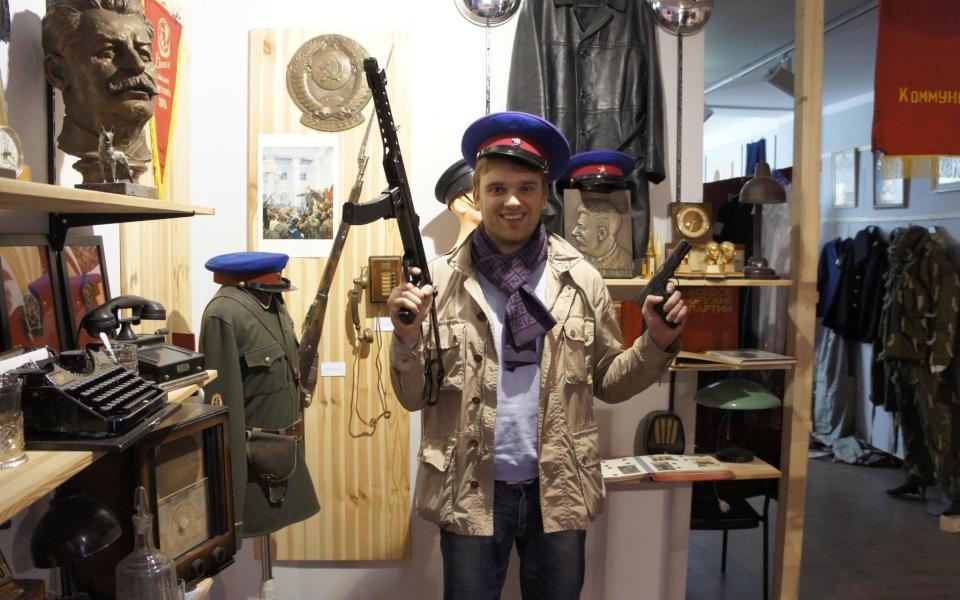 Kirill Gryaznov posing at the KGB Museum in Prague.  A Russian chef has been unmasked as an alleged spy