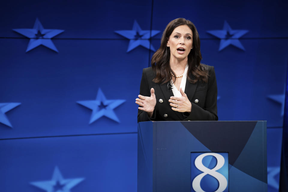 Republican gubernatorial candidate Tudor Dixon speaks during a Michigan Governor debate Thursday, Oct. 13, 2022, at WOOD-TV in Grand Rapid, Mich. (Bryan Esler/Nexstar Media Group/WOOD-TV via AP)