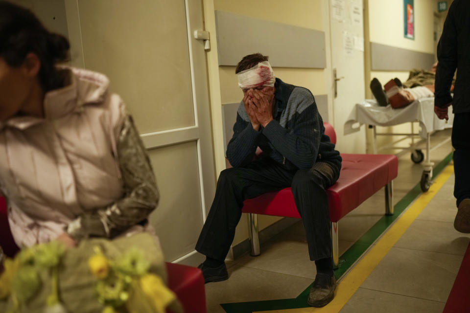 A local resident injured in a Russian strike rests in a hospital in Pokrovsk, eastern Ukraine, Wednesday, May 25, 2022. Two rockets struck the eastern Ukrainian town of Pokrovsk, in the Donetsk region early Wednesday morning, causing at least four injuries. (AP Photo/Francisco Seco)