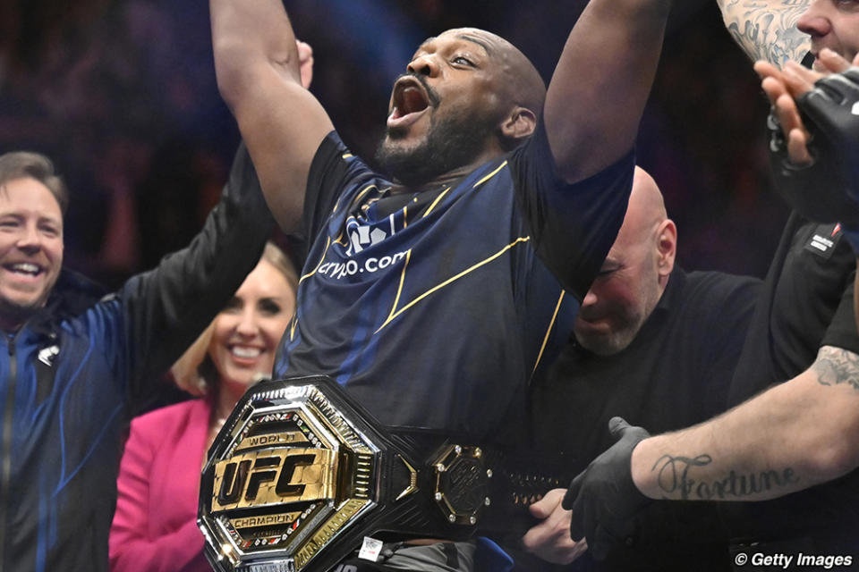 Jon Jones celebrates after defeating Ciryl Gane in a UFC 285 mixed martial arts heavyweight title bout Saturday, March 4, 2023, in Las Vegas. (AP Photo/David Becker) ORG XMIT: NVDB127