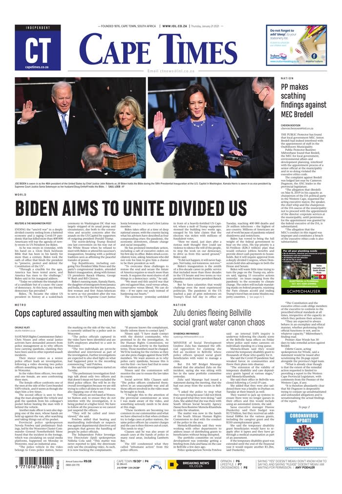 January 21, 2021 front page of the Cape Times