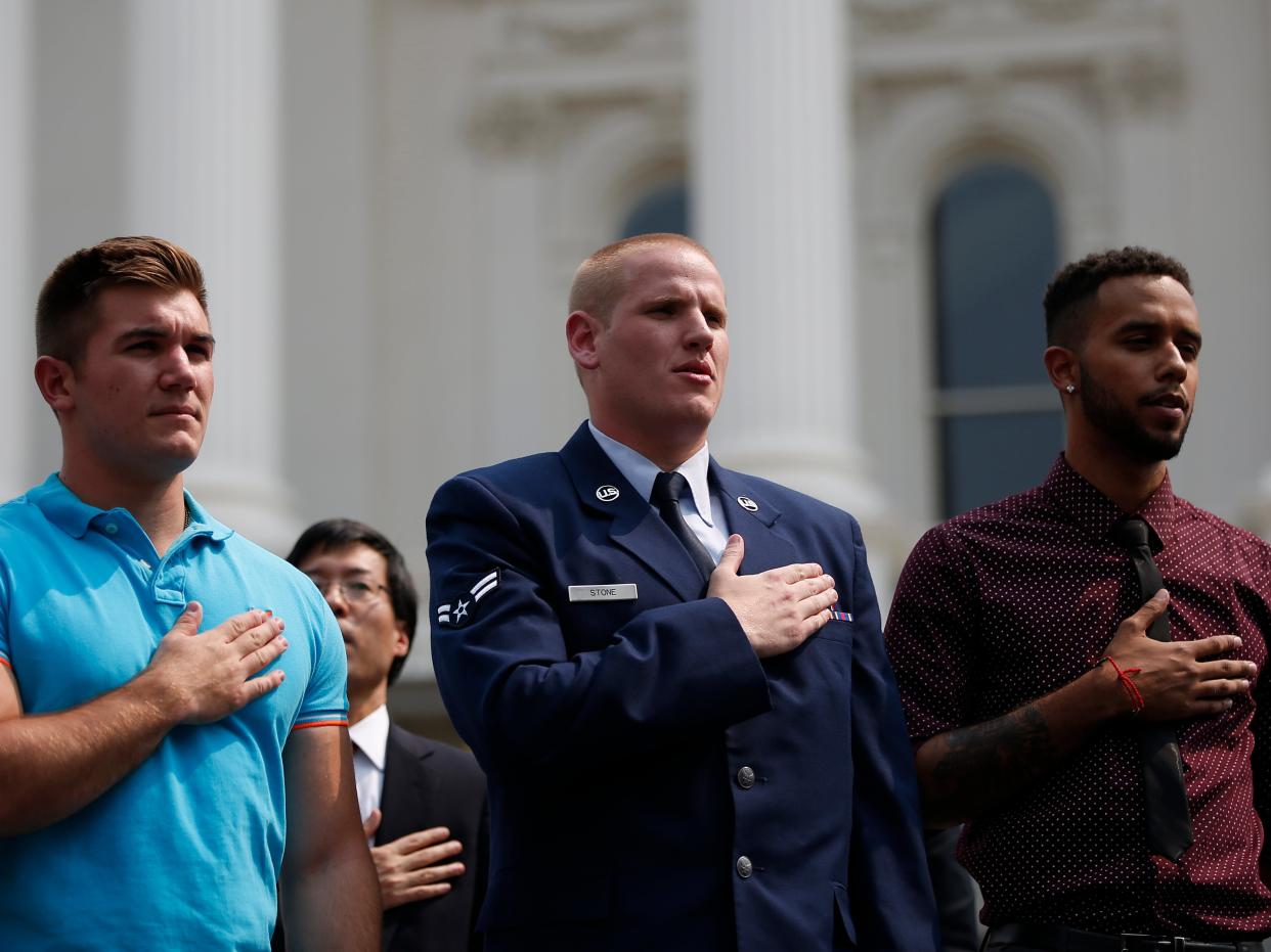 (L-R): Alek Skarlatos, Spencer Stone and Anthony Sadler were three of the people who overpowered gunman Ayoub el Khazzani (Getty)