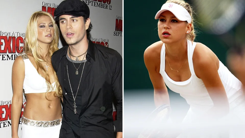 Anna Kournikova, pictured here with husband Enrique Iglesias, and at Wimbledon.