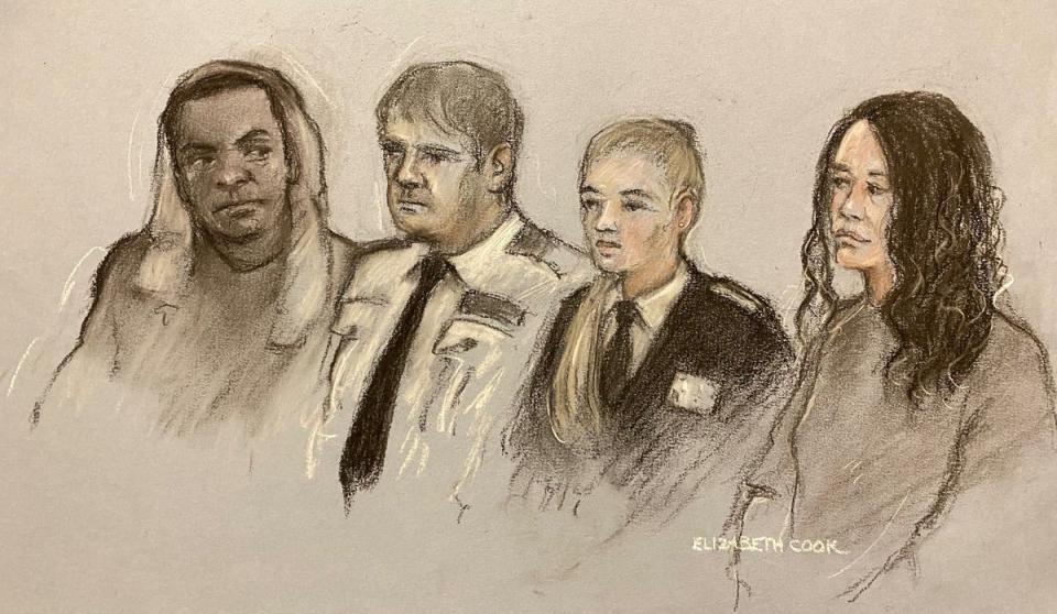 Court sketch from March 3 of Mark Gordon, with a grey jumper over his head, and Constance Marten at Crawley magistrates’ court in West Sussex (Elizabeth Cook/PA Wire)