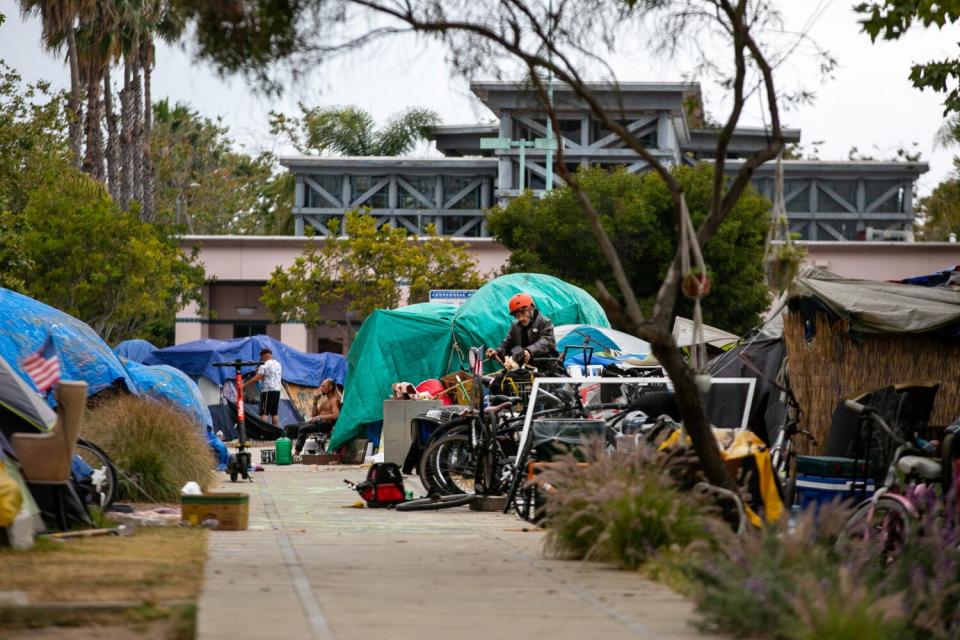 The homeless encampment outside the Abbot Kinney Memorial Branch Library in Venice.