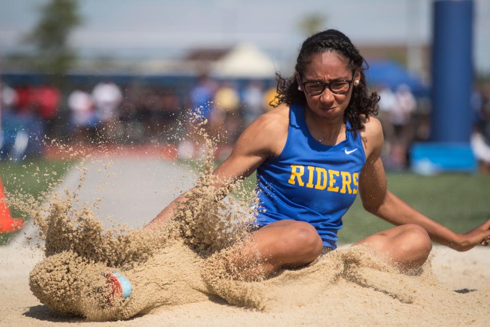 Caesar Rodney's Destiny Bailey-Perkins competes in the DIAA Track & Field State Championships at Dover High School in 2019.