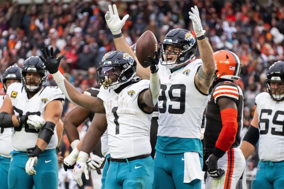 Dec 10, 2023; Cleveland, Ohio, USA; Jacksonville Jaguars running back Travis Etienne Jr. (1) and tight end Luke Farrell (89) call for a touchdown during the second half against the Cleveland Browns at Cleveland Browns Stadium. Mandatory Credit: Ken Blaze-USA TODAY Sports