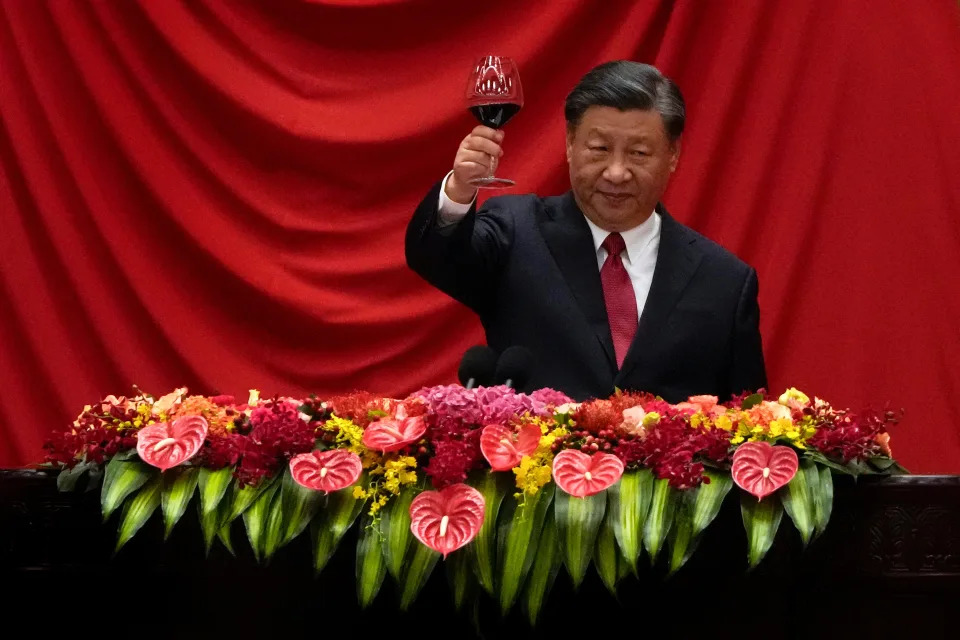Chinese President Xi Jinping makes a toast after delivering his speech at a dinner marking the 74th anniversary of the founding of the People's Republic of China at the Great Hall of the People on September 28, 2023 in Beijing, China.