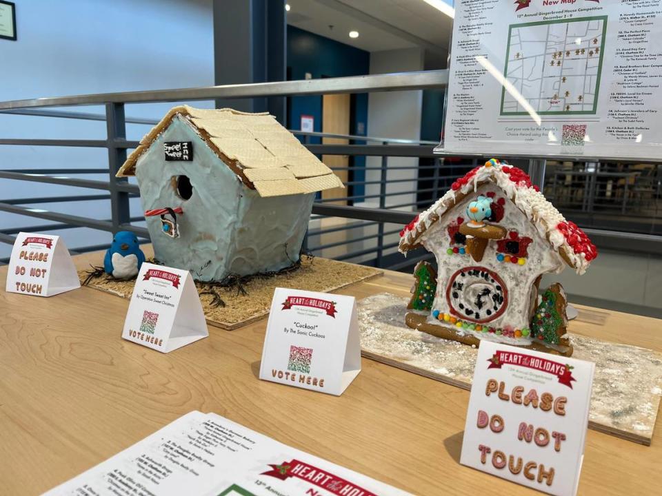 For the town of Cary’s 2023 Gingerbread House Competition, from left to right: Sweet Tweet Inn by Operation Sweet Christmas and Cuckoo! by The Sonic Cuckoos.