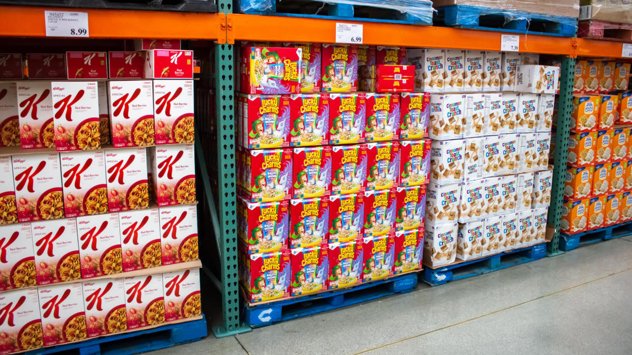 Tustin, California/United States - 03/18/19: Several big box children cereals in an aisle at Costco.