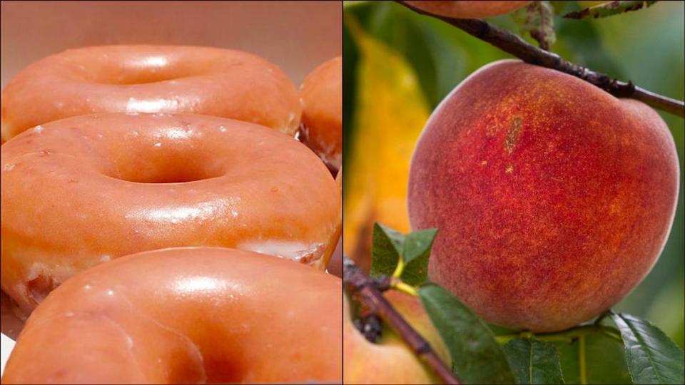 Krispy Kreme Donuts, left, and peaches grow on a tree at Titan Farms, the largest peach farm in South Carolina.