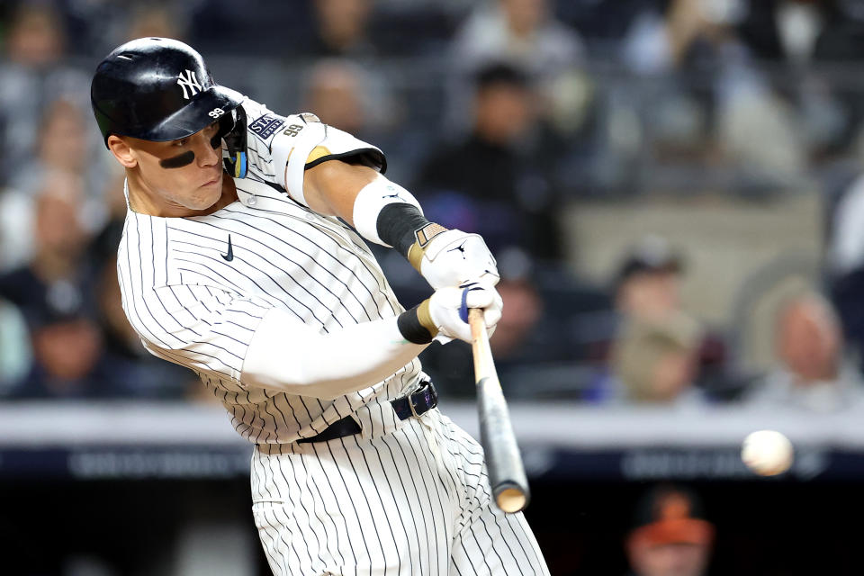 NEW YORK, NEW YORK - SEPTEMBER 25: Aaron Judge #99 of the New York Yankees hits a single against the Baltimore Orioles during the fifth inning at Yankee Stadium on September 25, 2024 in the Bronx borough of New York City. (Photo by Luke Hales/Getty Images)