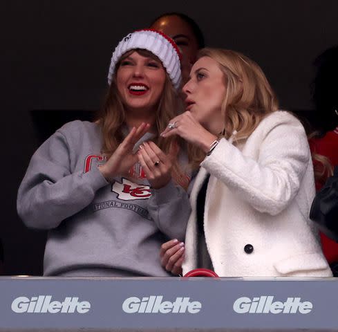 <p>Maddie Meyer/Getty</p> Taylor Swift and Brittany Mahomes cheer on the Kansas City Chiefs at Gillette Stadium in Foxborough, Massachusetts, on December 17, 2023