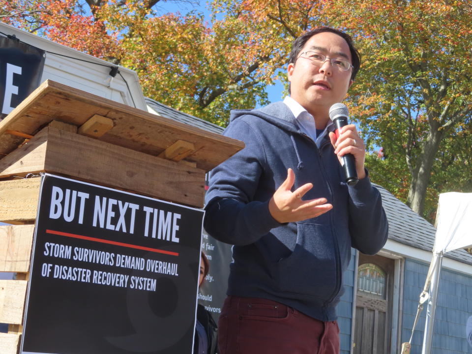 U.S. Rep Andy Kim, D-NJ, speaks at an event in Middletown N.J. commemorating the 10th anniversary of Superstorm Sandy on Saturday, Oct. 29, 2022. It featured a group of storm survivors from around the country who called for changes in the nation's disaster response system to make them more responsive to victims. (AP Photo/Wayne Parry)