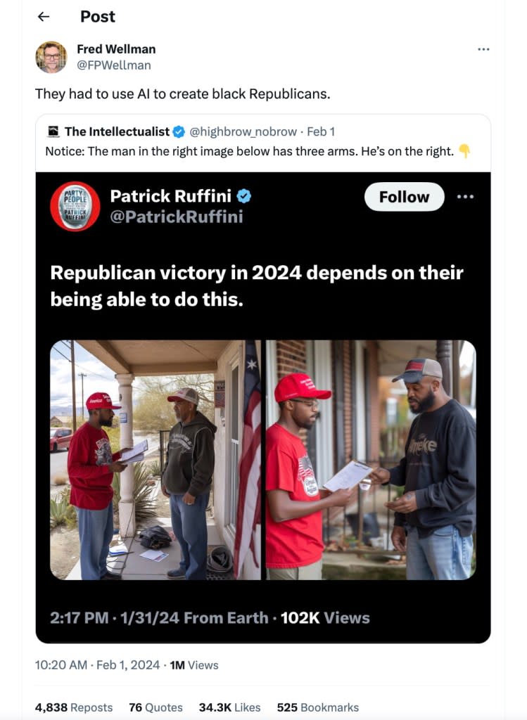 This screen capture of an image circulating on social media shows what appears to be an AI-generated photo of a man with three arms talking with a Black Republican activist. (X)